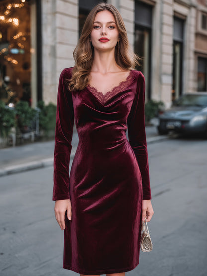 Elegant Velvet Cowl Neck Bodycon Midi Dress With Lace Trim