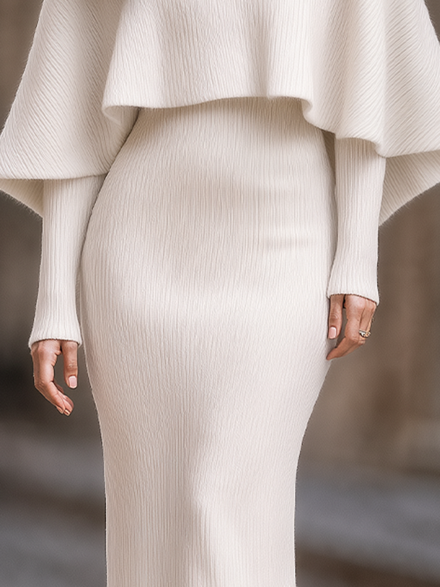 Faux Fur Trim Off-Shoulder Cape Overlay Ribbed Knit Bodycon Midi Dress