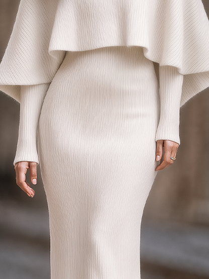 Faux Fur Trim Off-Shoulder Cape Overlay Ribbed Knit Bodycon Midi Dress