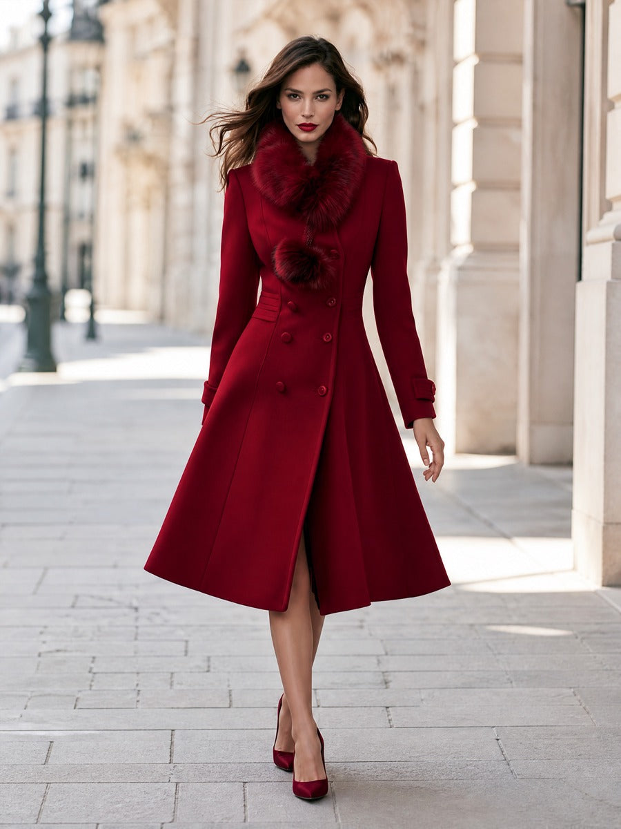 Elegant Faux Fur Collar Double-Breasted Wool Blend Long Coat
