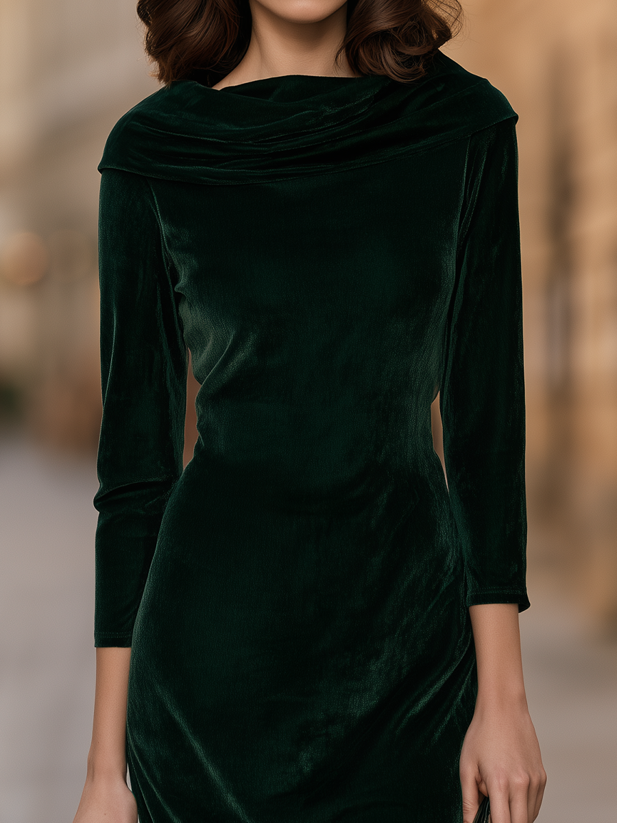 Draped Cowl-Neck Ruched Velvet Bodycon Midi Dress