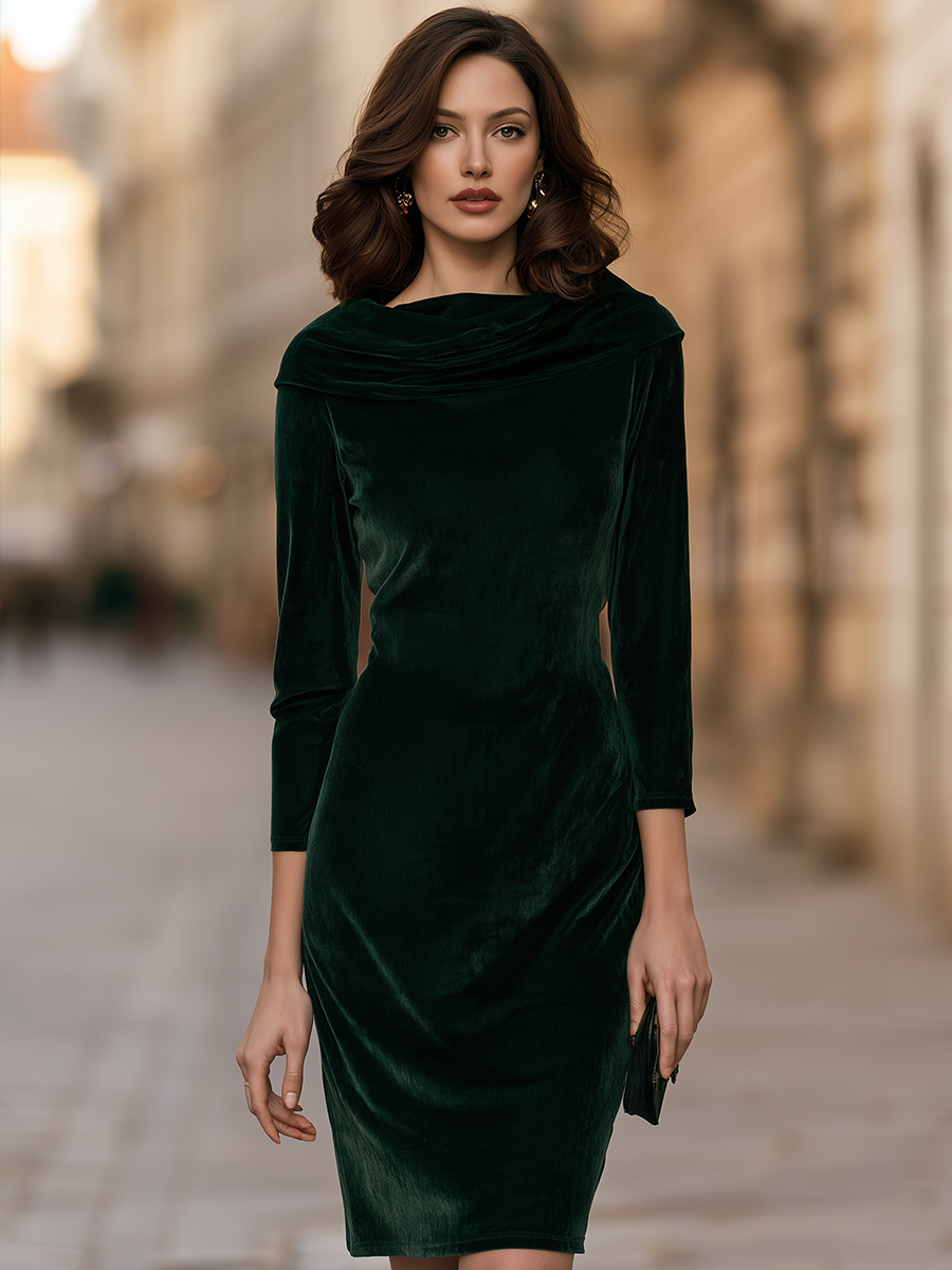Draped Cowl-Neck Ruched Velvet Bodycon Midi Dress