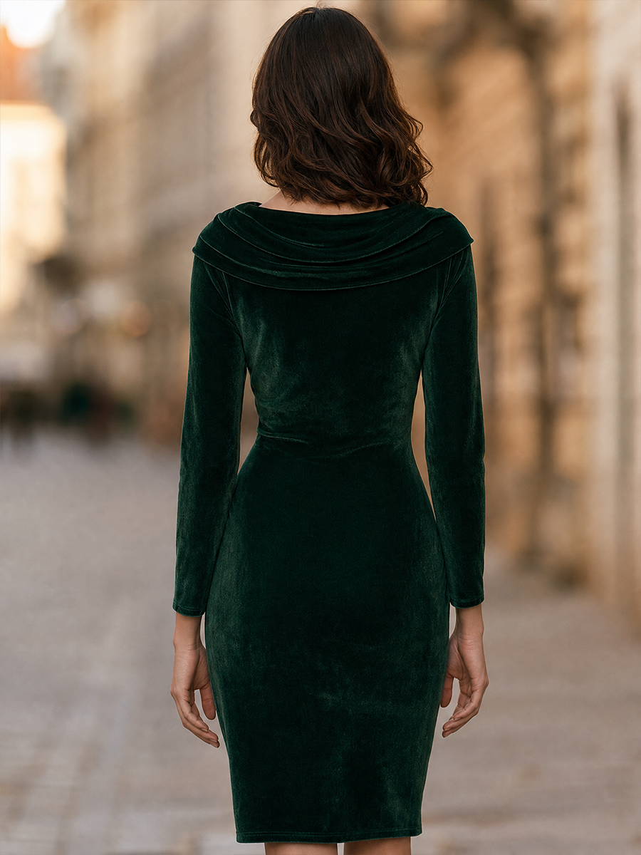 Draped Cowl-Neck Ruched Velvet Bodycon Midi Dress