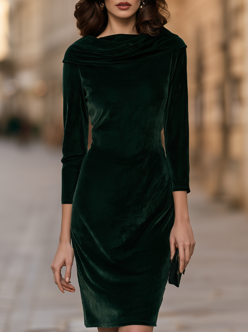 Draped Cowl-Neck Ruched Velvet Bodycon Midi Dress