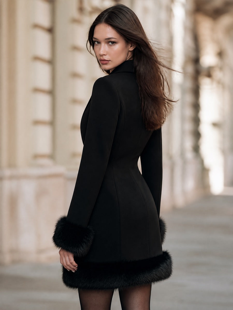 Double-Breasted Blazer Dress With Plush Trimmed Cuffs And Hem