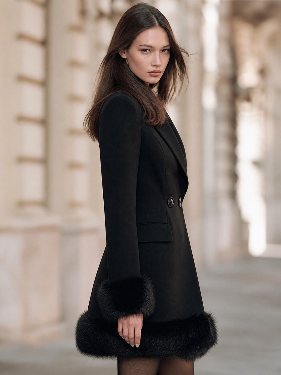 Double-Breasted Blazer Dress With Plush Trimmed Cuffs And Hem