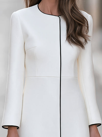 Contrast-Trim Collarless Tailored Midi Dress