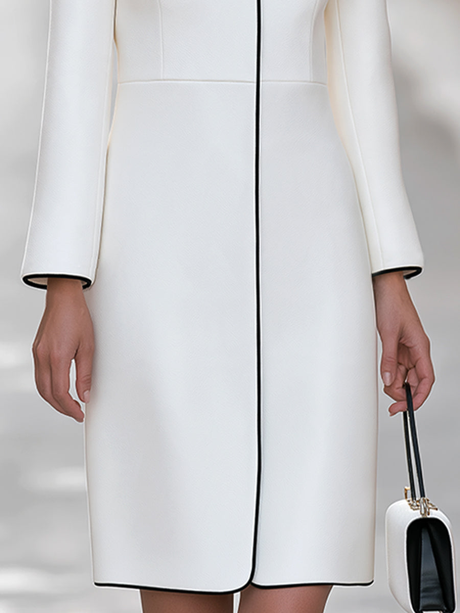 Contrast-Trim Collarless Tailored Midi Dress