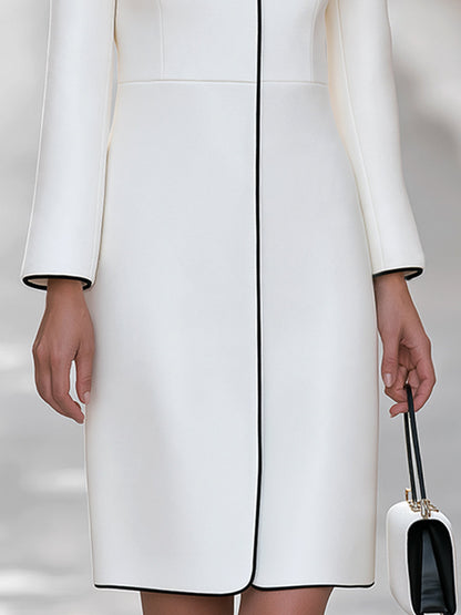 Contrast-Trim Collarless Tailored Midi Dress