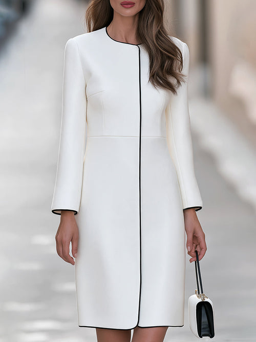 Contrast-Trim Collarless Tailored Midi Dress