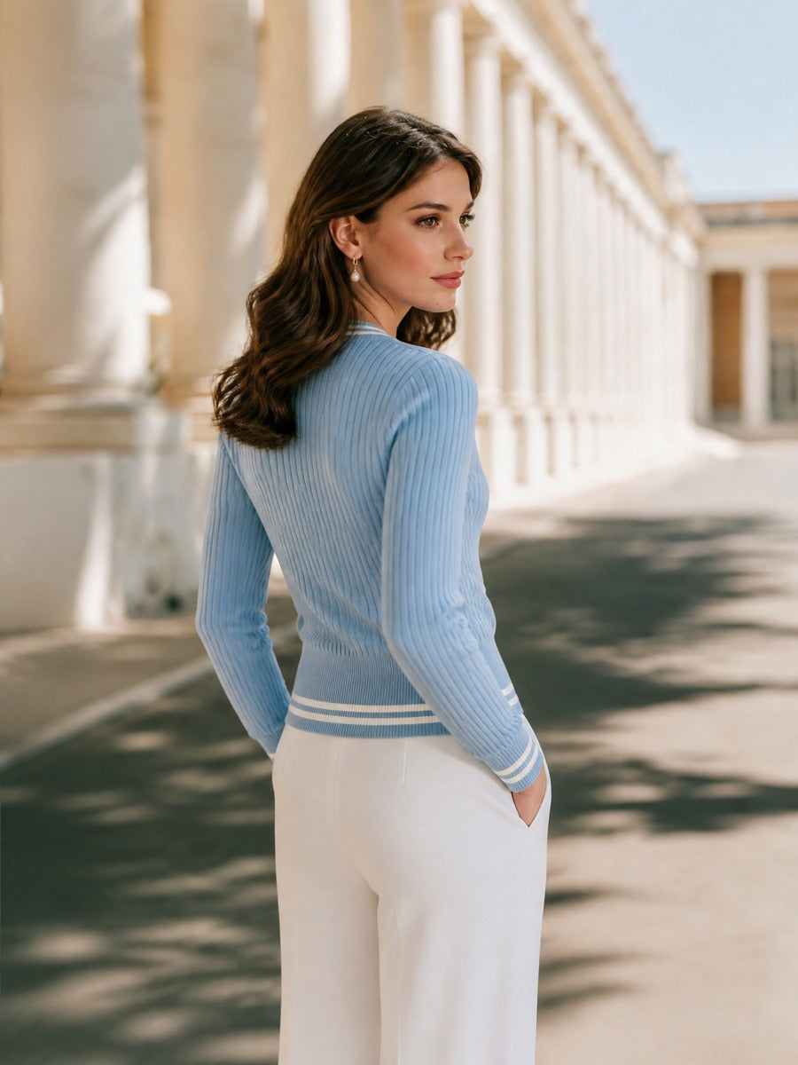 Contrast Stripe V-Neck & Pearl Buttons Ribbed Knit Cardigan