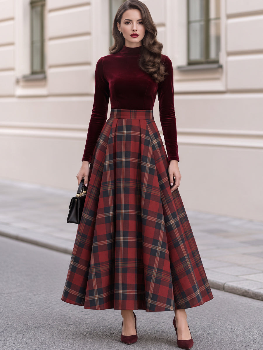 Mock Neck Velvet Bodice Tartan Plaid Pleated Maxi Dress