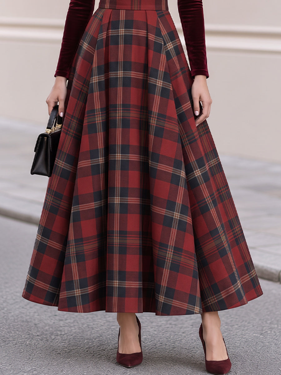 Mock Neck Velvet Bodice Tartan Plaid Pleated Maxi Dress