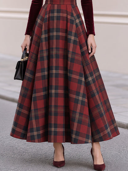 Mock Neck Velvet Bodice Tartan Plaid Pleated Maxi Dress