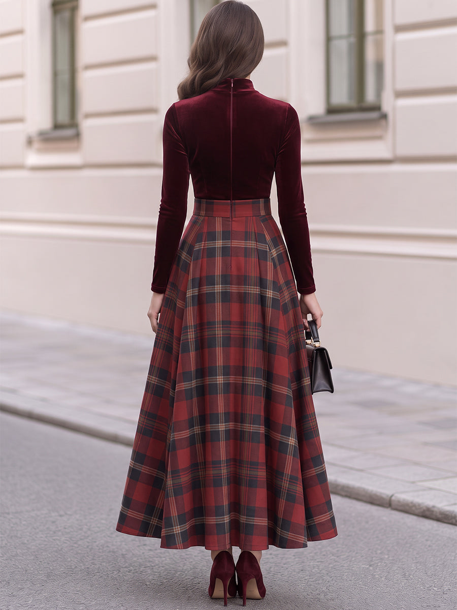 Mock Neck Velvet Bodice Tartan Plaid Pleated Maxi Dress