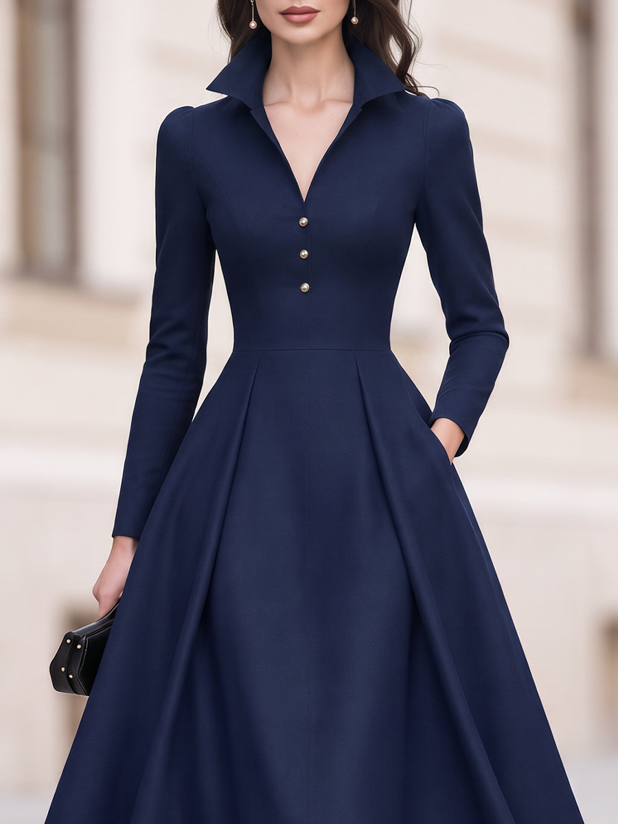 Collared V-Neck Button Front Long Sleeve Crepe Midi Dress With Pockets