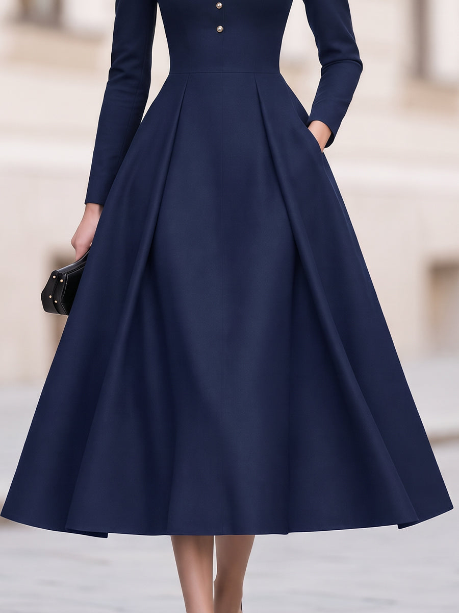Collared V-Neck Button Front Long Sleeve Crepe Midi Dress With Pockets