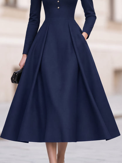 Collared V-Neck Button Front Long Sleeve Crepe Midi Dress With Pockets