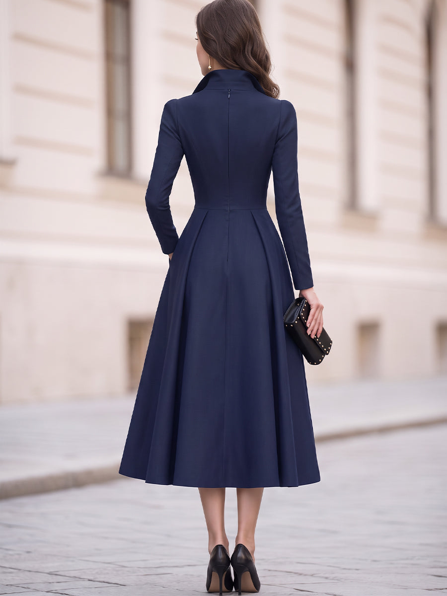 Collared V-Neck Button Front Long Sleeve Crepe Midi Dress With Pockets
