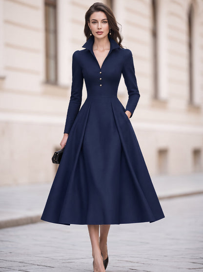 Collared V-Neck Button Front Long Sleeve Crepe Midi Dress With Pockets