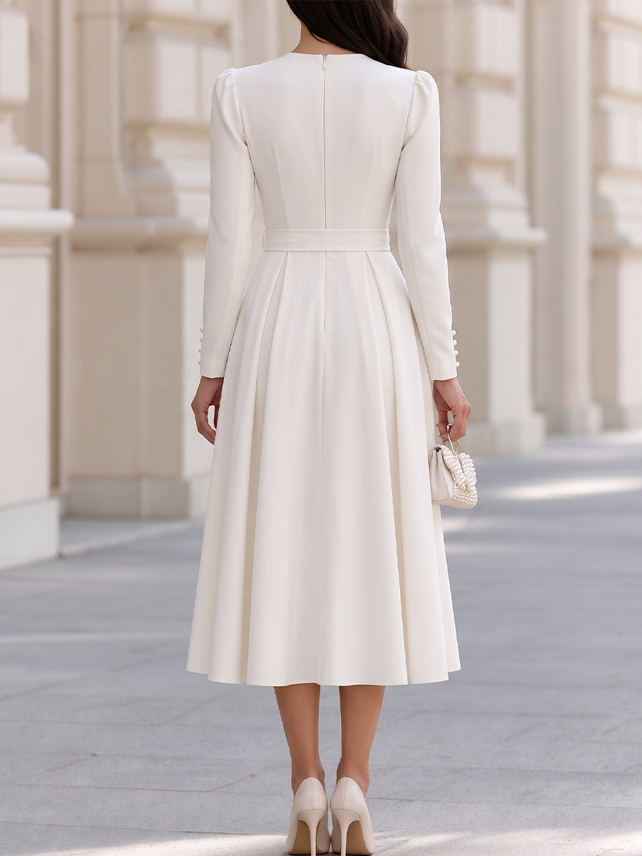 Round Neck Pearl Button Long Sleeve Belted Crepe Midi Dress