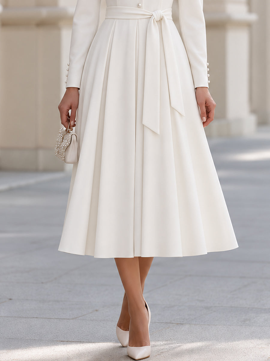 Round Neck Pearl Button Long Sleeve Belted Crepe Midi Dress
