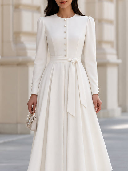Round Neck Pearl Button Long Sleeve Belted Crepe Midi Dress