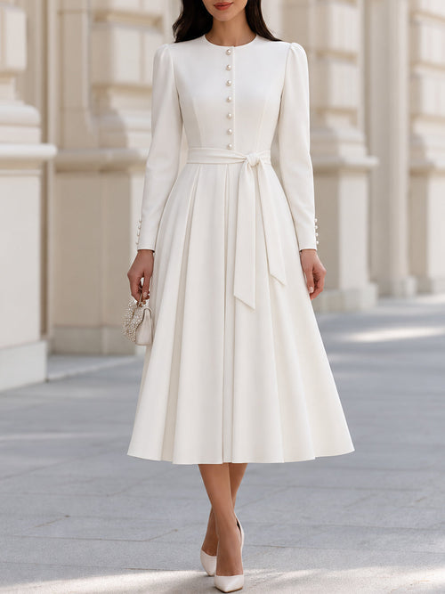 Round Neck Pearl Button Long Sleeve Belted Crepe Midi Dress