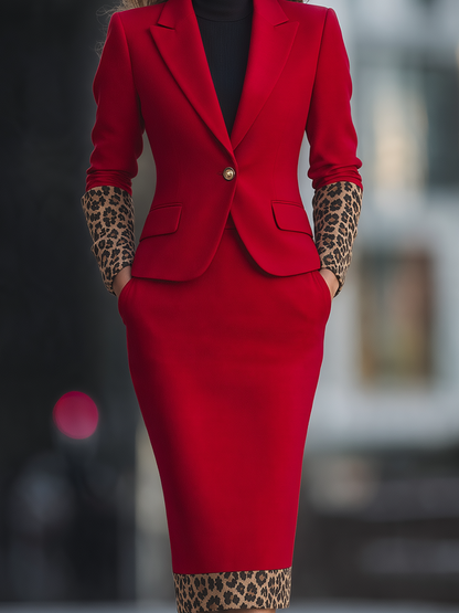 Red Leopard Trim Notched Lapel Blazer And Midi Skirt Two-Piece Set