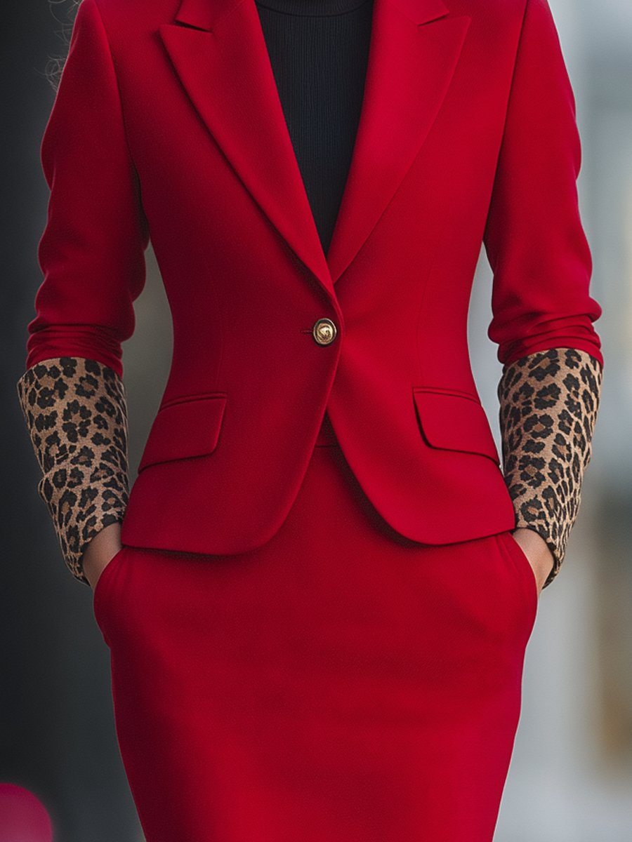 Red Leopard Trim Notched Lapel Blazer And Midi Skirt Two-Piece Set