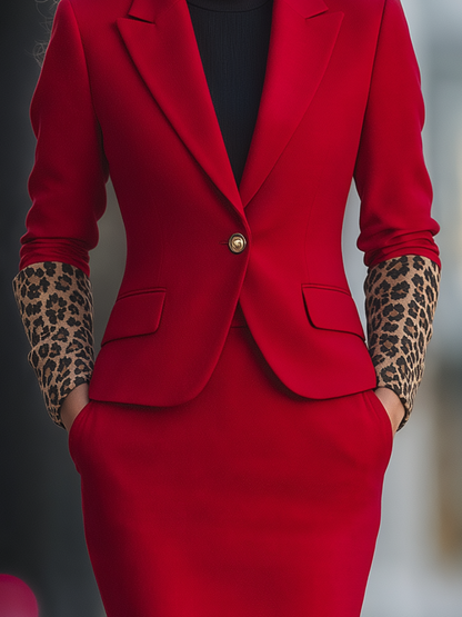Red Leopard Trim Notched Lapel Blazer And Midi Skirt Two-Piece Set