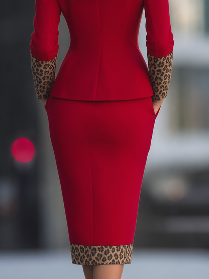 Red Leopard Trim Notched Lapel Blazer And Midi Skirt Two-Piece Set