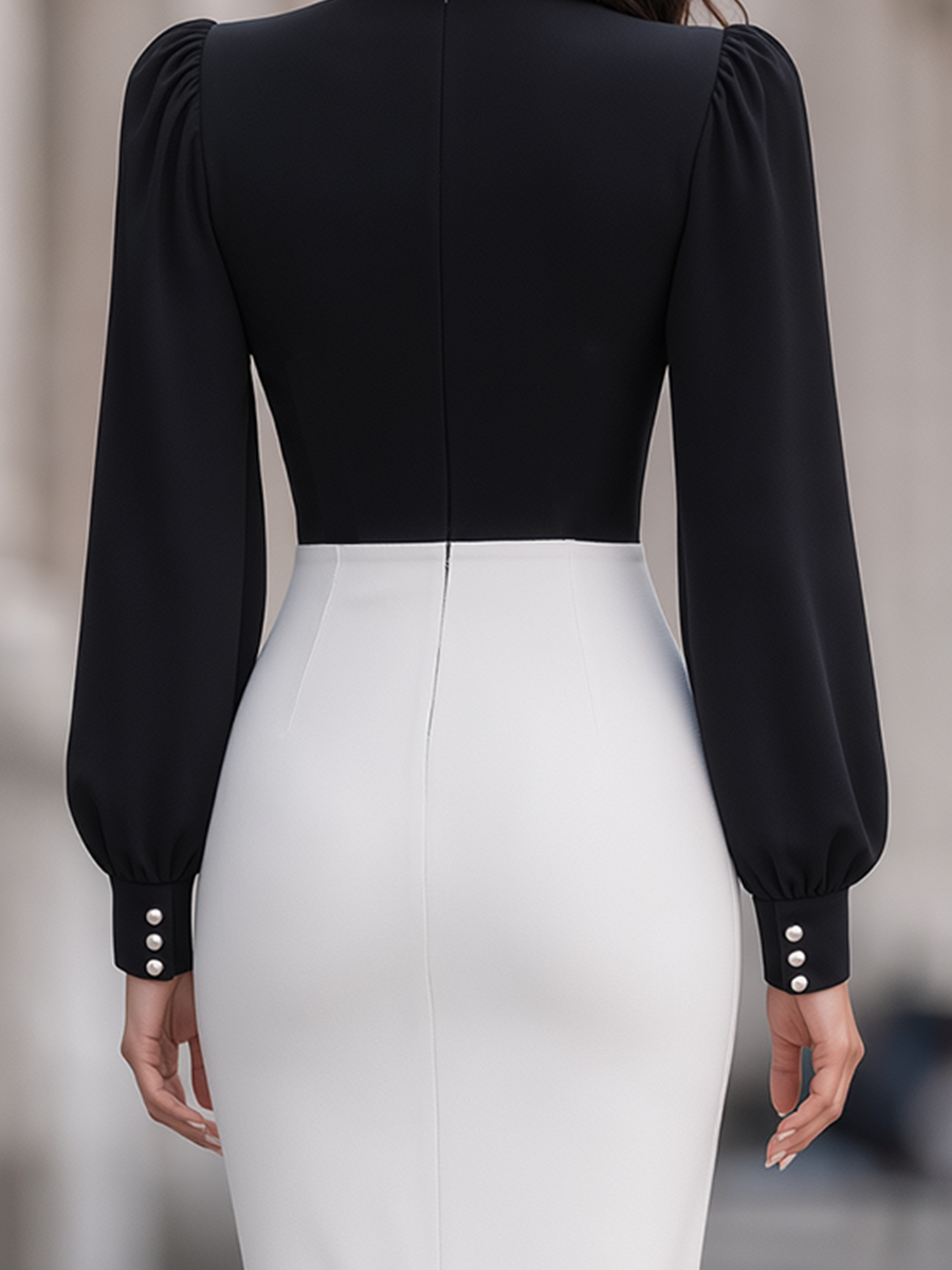 Black And White Colorblock Keyhole Mock Neck Puff Sleeve Pencil Midi Dress