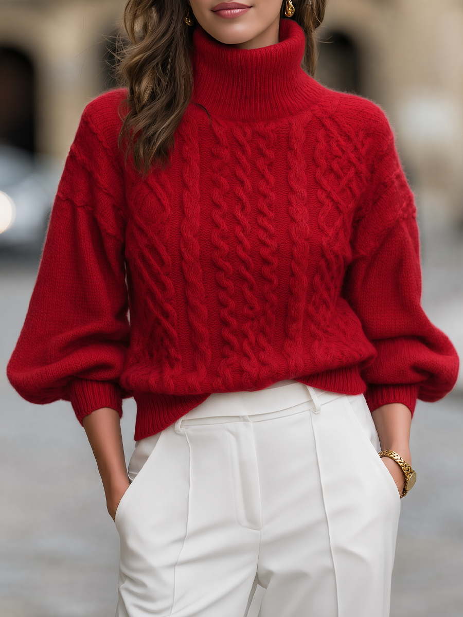 Red Cable Knit Turtleneck Balloon Sleeve Pullover Sweater