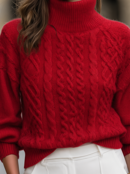 Red Cable Knit Turtleneck Balloon Sleeve Pullover Sweater