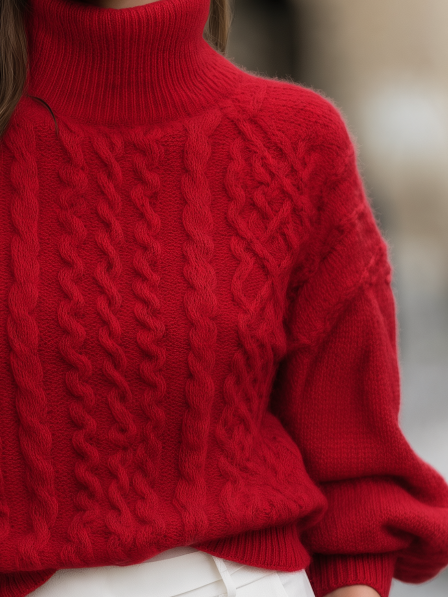 Red Cable Knit Turtleneck Balloon Sleeve Pullover Sweater
