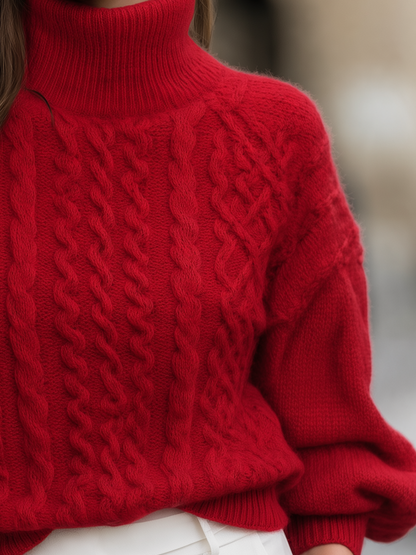 Red Cable Knit Turtleneck Balloon Sleeve Pullover Sweater