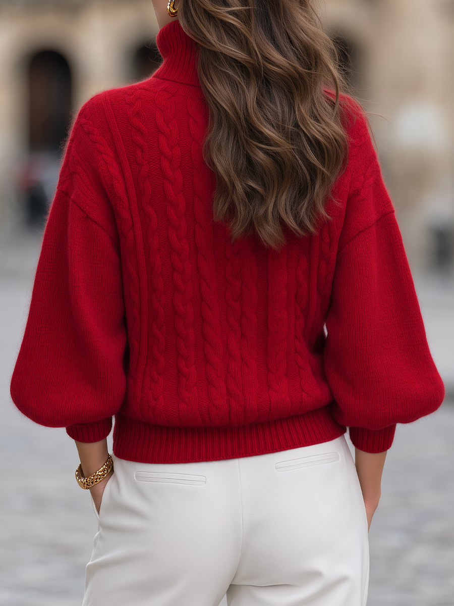 Red Cable Knit Turtleneck Balloon Sleeve Pullover Sweater