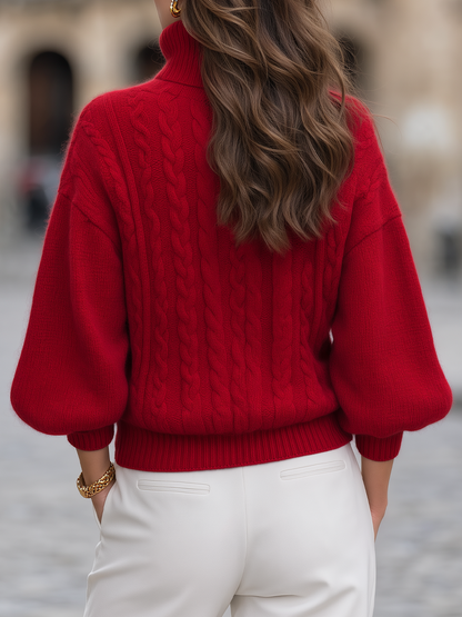 Red Cable Knit Turtleneck Balloon Sleeve Pullover Sweater