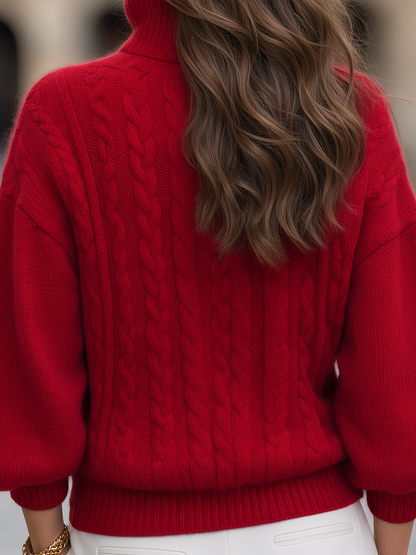 Red Cable Knit Turtleneck Balloon Sleeve Pullover Sweater