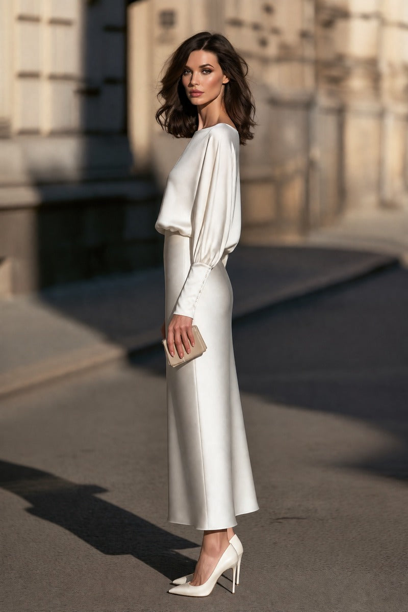 Boat-Neck Blouson Sleeve Satin Maxi Dress