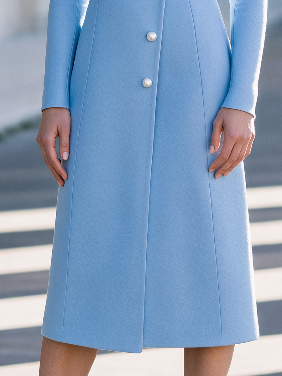 Elegant Pearl-Button Stand Collar Long Sleeve Midi Coat Dress