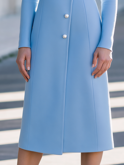 Elegant Pearl-Button Stand Collar Long Sleeve Midi Coat Dress