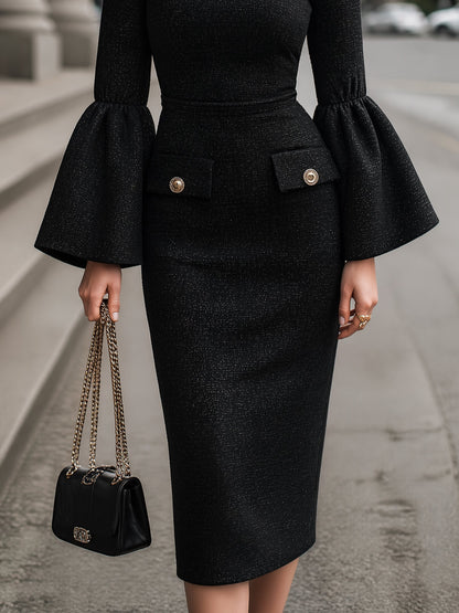 Elegant Bell Sleeve Bodycon Midi Dress with Button Pocket Detail