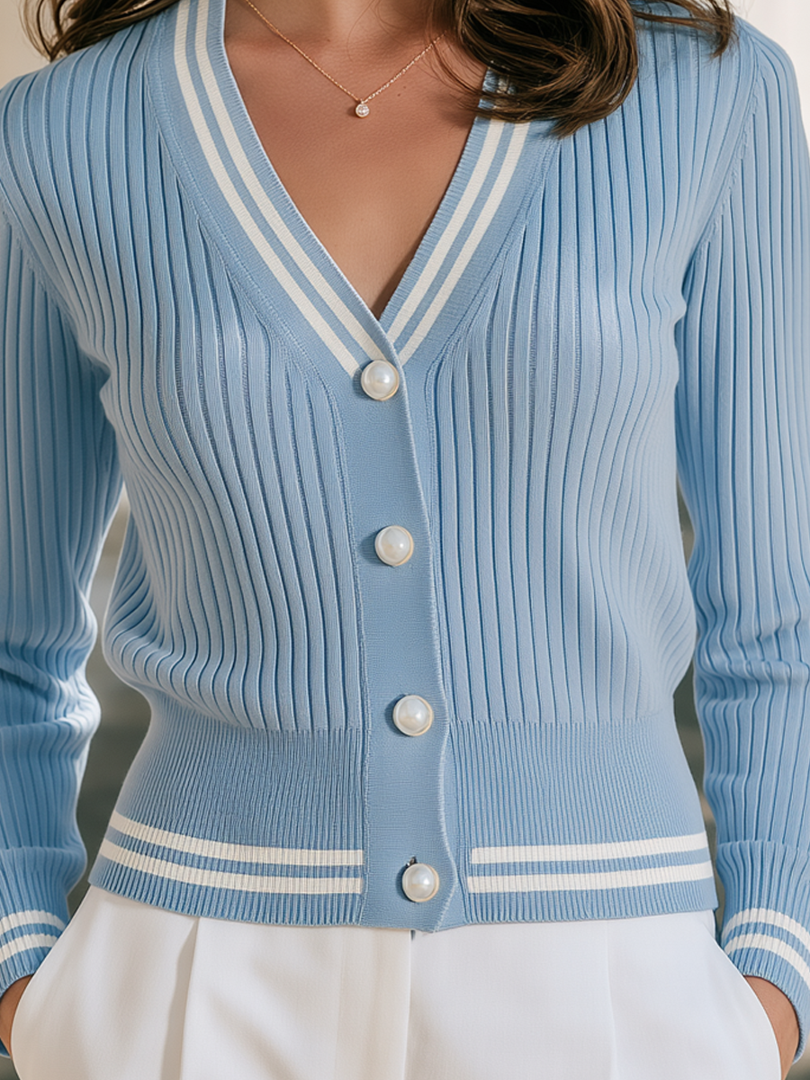 Contrast Stripe V-Neck & Pearl Buttons Ribbed Knit Cardigan