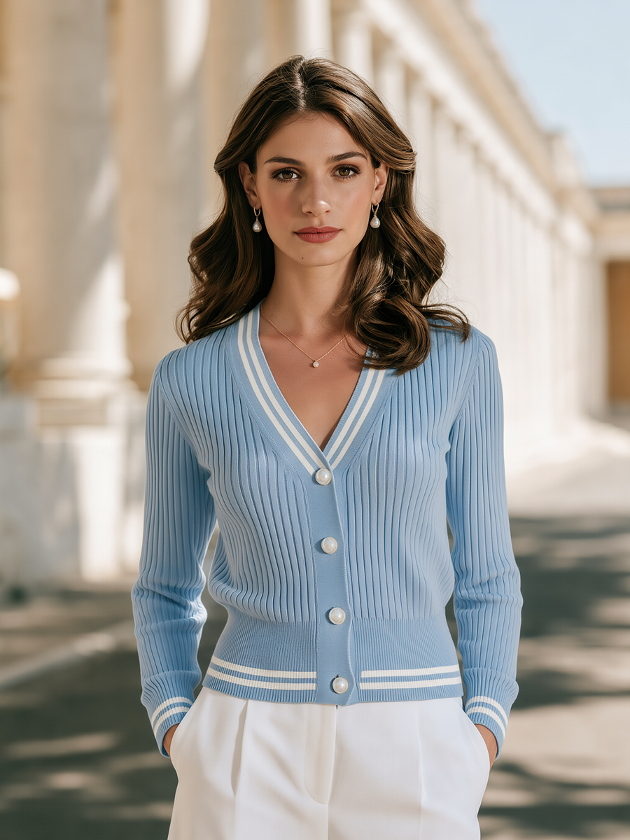 Contrast Stripe V-Neck & Pearl Buttons Ribbed Knit Cardigan