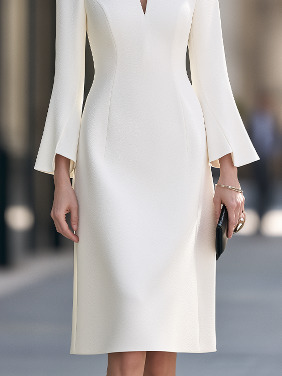 Split-Neck Princess-Seam Flared Sleeve Sheath Midi Dress