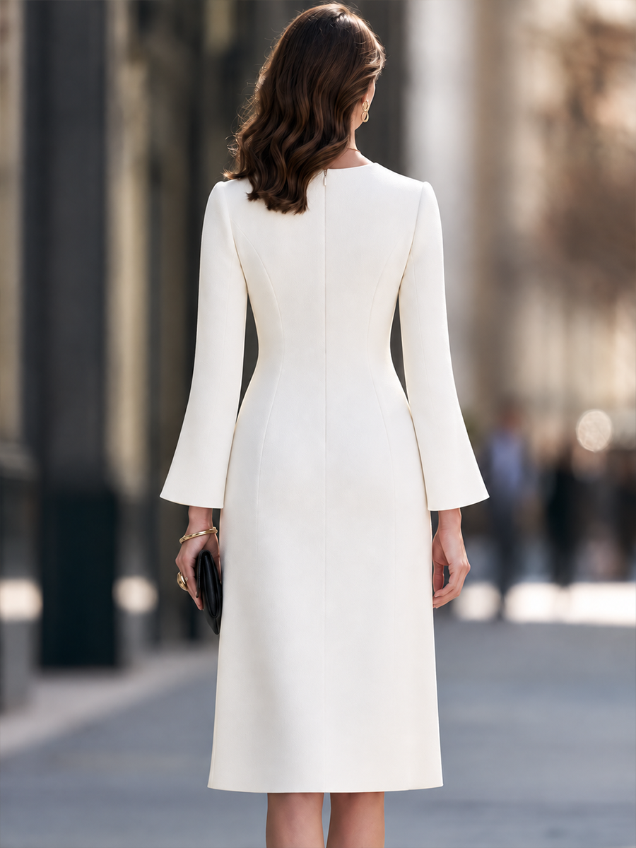 Split-Neck Princess-Seam Flared Sleeve Sheath Midi Dress