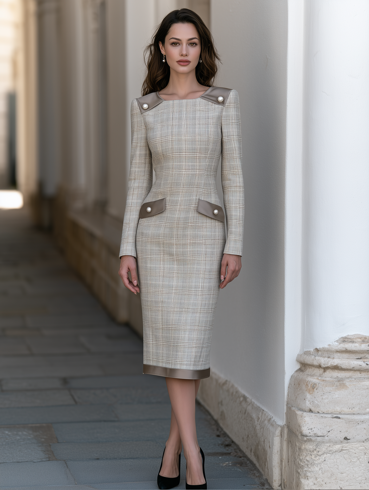 Pearl-Button Contrast-Trim Plaid Midi Dress