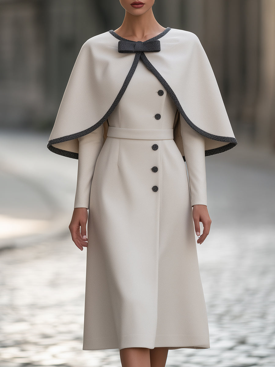 Bow-Neck Contrast-Trim Cape Midi Dress
